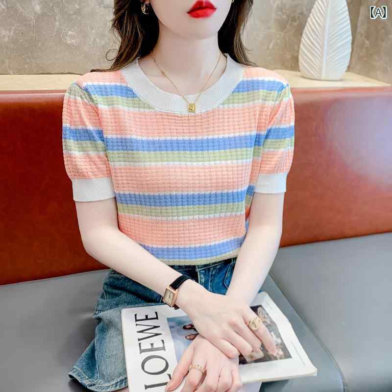 レディース 夏 トップス シャツ 大人 かわいい ガーリー サマー 婦人服 快適 冷感 半袖 T 女性 お腹 カバー 薄手 ストライプセーター