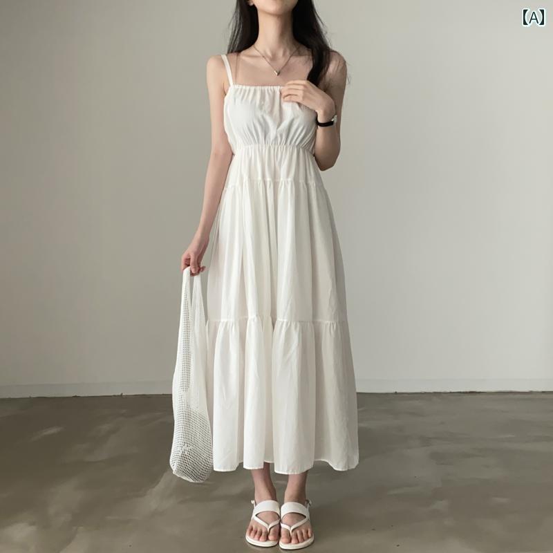 レディース 夏 ワンピース かわいい サマー ワンピ 韓国 シック フレンチ クール 快適 日常 休暇 女性 ロング サスペンダー ドレス