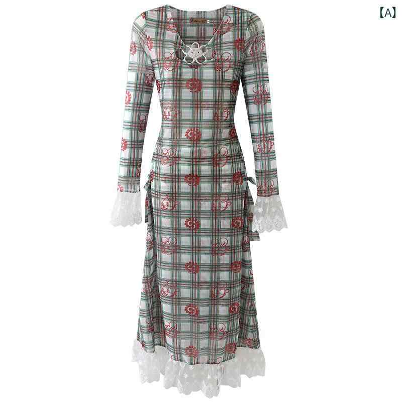 レディース ワンピース レトロ チェック柄 ドレス キキョウ スリム ロング スカート ハイエンド プリント 初秋