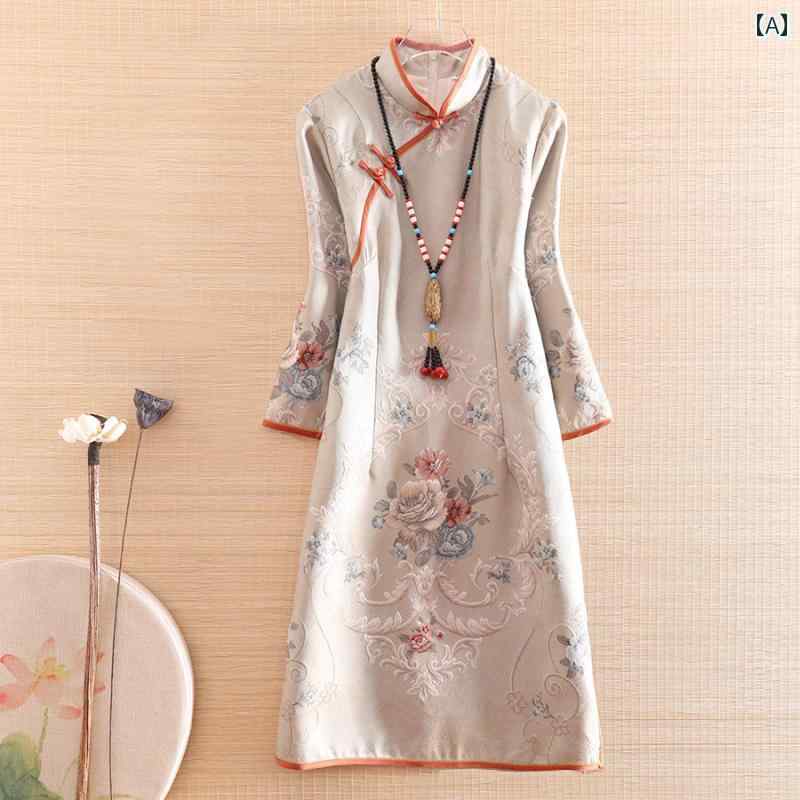 レディース チャイナ ドレス おしゃれ ワンピース 普段着 撮影 衣装 レトロ 秋 スタンドカラー プレート ボタン 宮殿 ジャカード エレガント スリム