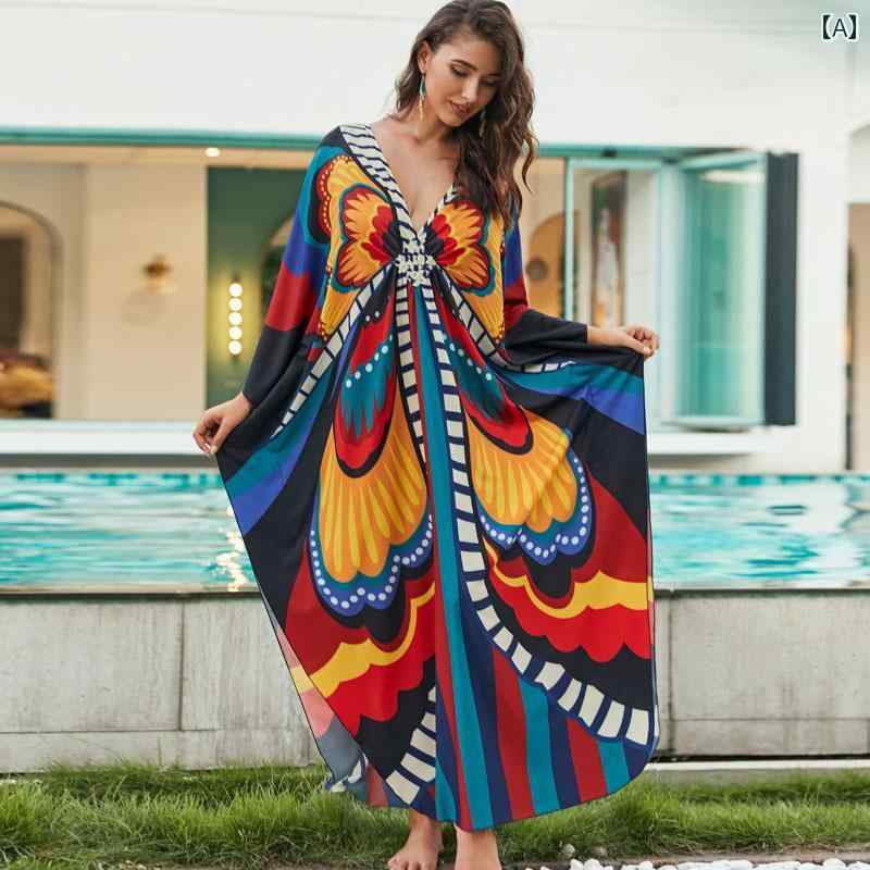 レディース リゾート ワンピース モルディブ バケーション ドレス フェミニン スリム 日焼け防止 プリント シーサイド ビーチ ロング スカート