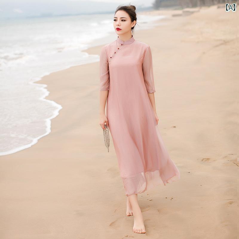Women's Summer Dress, Retro Chinese Style, Relaxed Wear, Literary Hanbok, China Dress Style, Ethnic, Disc Buckle, Women's Tee
