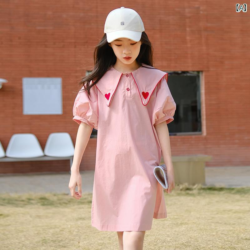 夏 ワンピース かわいい 女の子 ガールズ スカート 薄手 カレッジ ピンク シャツ 綿 中大 子供 ドレス a ライン