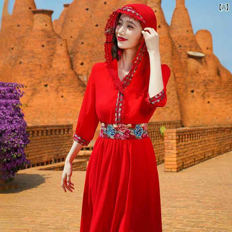 レディース 夏 リゾート ワンピース チャカ ソルトレイク 観光 フード付き ドレス ビッグ レッド シーサイド バケーション フォト 砂漠 ビーチ