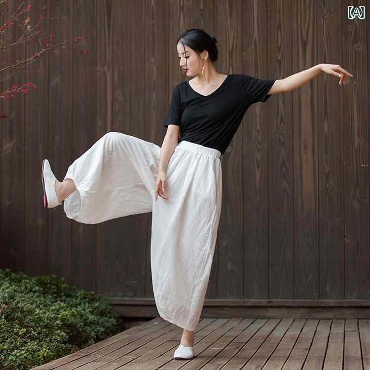 レディース パンツ ブルマ リラックス ボトムス ダンス 太極拳 瞑想 ヨガ 自宅 旅行 写真撮影 適 サマー リネン サンド ウォッシュ エレガント 通気性 高さ サルエル