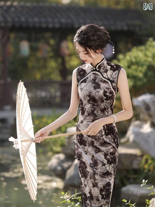 China Dress - レディース チャイナ ドレス おしゃれ ワンピース 普段着 撮影 衣装 中華風 ノースリーブ ベルベット 長い ウエスト ライン スリム 春 日常 民族風