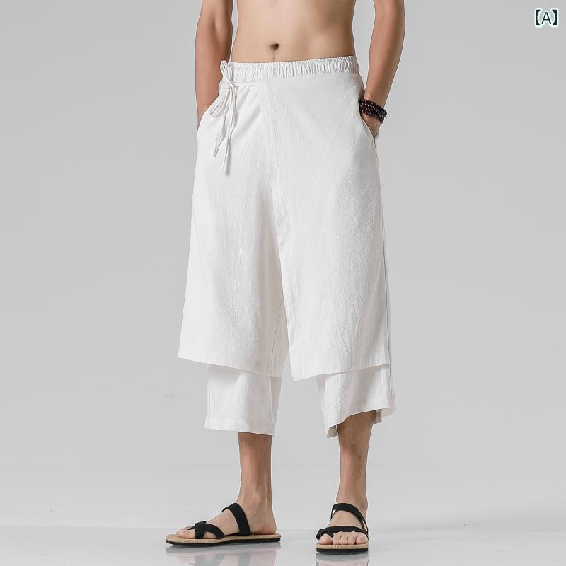 メンズ 夏 パンツ サマー ゆったり ズボン 薄手 中華風 リネン 漢服 ショーツ 男性 綿 アンティーク クロップド レトロ 唐 スーツ