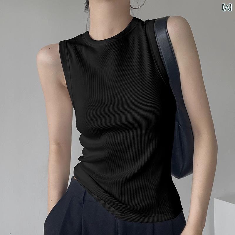 レディース 夏 カジュアル ノースリーブ ランニング シャツ サマー フェス 音楽祭 リゾート ビーチ 韓国 ワイド ショルダー ラウンドネック レーサー ベスト 女性 シンプル T スリムフィット アウターウェア 無地 トップス 内側