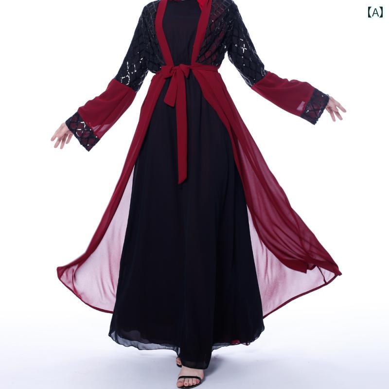 夏 中東 ドレス ワンピース ドバイ 旅行 スパンコール スプライシング アウター ローブ ホイ 女性 シフォン カーディガン ジャケット