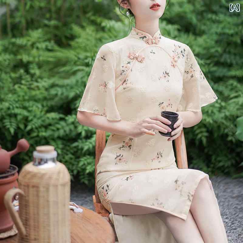 レディース 夏 チャイナドレス おしゃれ ワンピース コスプレ 写真撮影 民族風 レトロ フランス 文学 逆袖 上品 洗練 美しい エレガント 中国