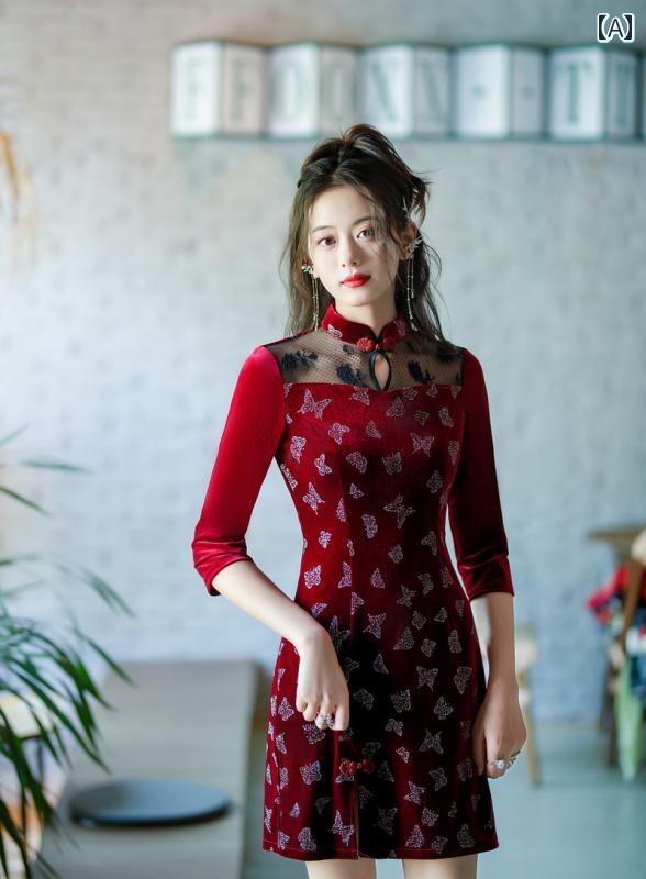 China Dress - レディース チャイナドレス おしゃれ ワンピース コスプレ 写真撮影 中華風 デイリー ウェアラブル メッシュ スプライシング ベルベット 初秋 上品 洗練 女性 ショート