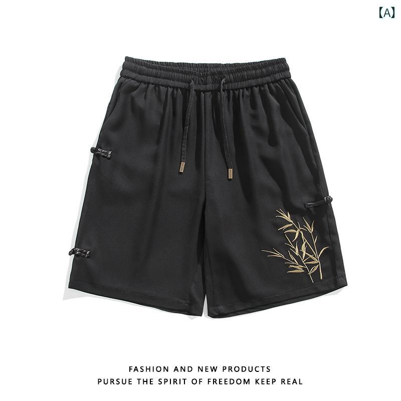 メンズ 夏 カジュアル パンツ ハーフ サマー ズボン 中華風 バックル 竹 刺繍 ショート 五分丈 エスニック