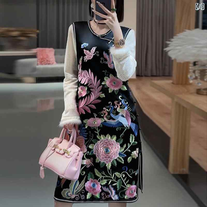 レディース チャイナ ドレス おしゃれ ワンピース 普段着 撮影 衣装 エスニック 中華風 刺繍 アセテート スリム ノースリーブドレス