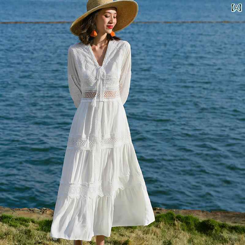 レディース リゾート ワンピース ドレス ホワイト スイート フレンチ 膝上 ロング スカート ビーチ 休暇 旅行 砂漠 写真