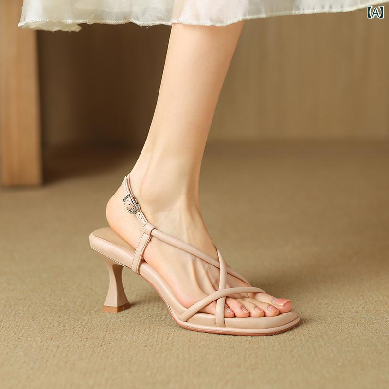 レディース 夏 カジュアル ハイヒール サンダル アップ おしゃれ レディース トレッド クロス ストラップ 薄手 ヒール オープン トゥ シューズ(4)