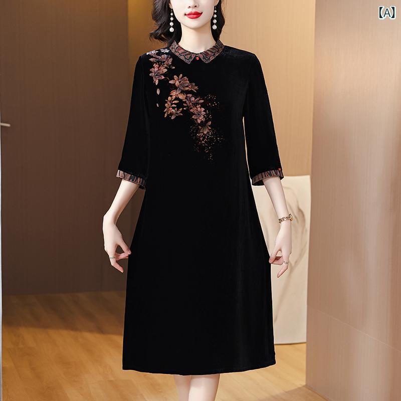 レディース ワンピース きれいめ 上品 ミセス 婦人服 レトロ 刺繍 ベルベット ドレス 女性 淑女 高級感 ハイエンド スリム 多目 スカート