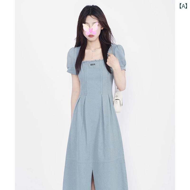 レディース 夏 ワンピース 大人 かわいい フレンチスクエア ネック デニムロングスカート 女性 スリム シック ユニーク ドレス