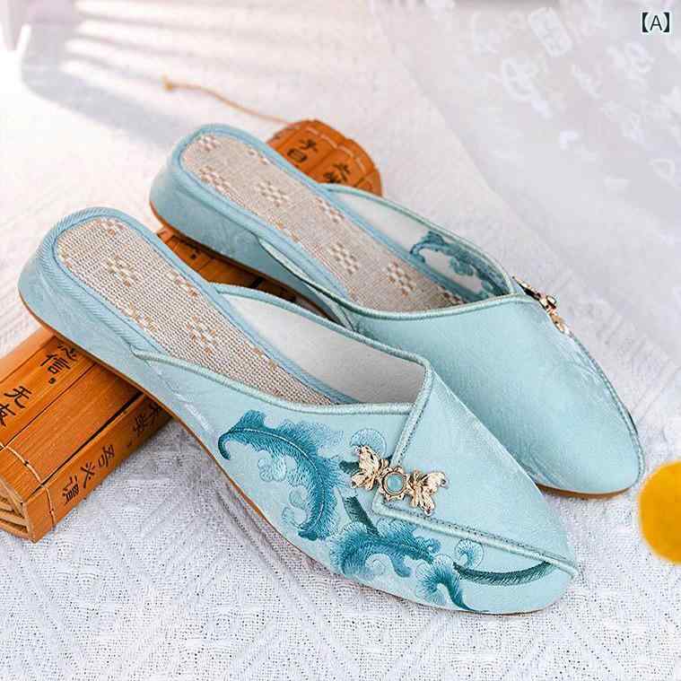 レディース 夏 ミュール フラット おしゃれ 婦人靴 スリッパ 履きやすい ローヒール 古風 布 モップ 包..