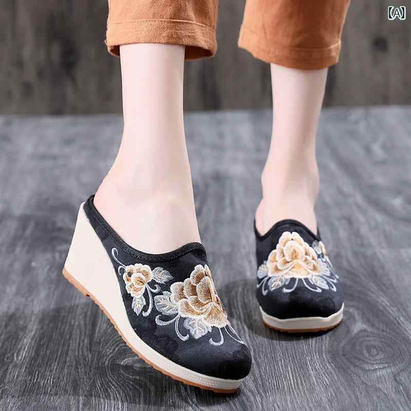 レディース 夏 ミュール フラット おしゃれ 婦人靴 スリッパ 履きやすい 中華風 包頭 女性 ハイヒール レトロ スタイル チャイナ 古風 衣装 漢服 靴 サンダル