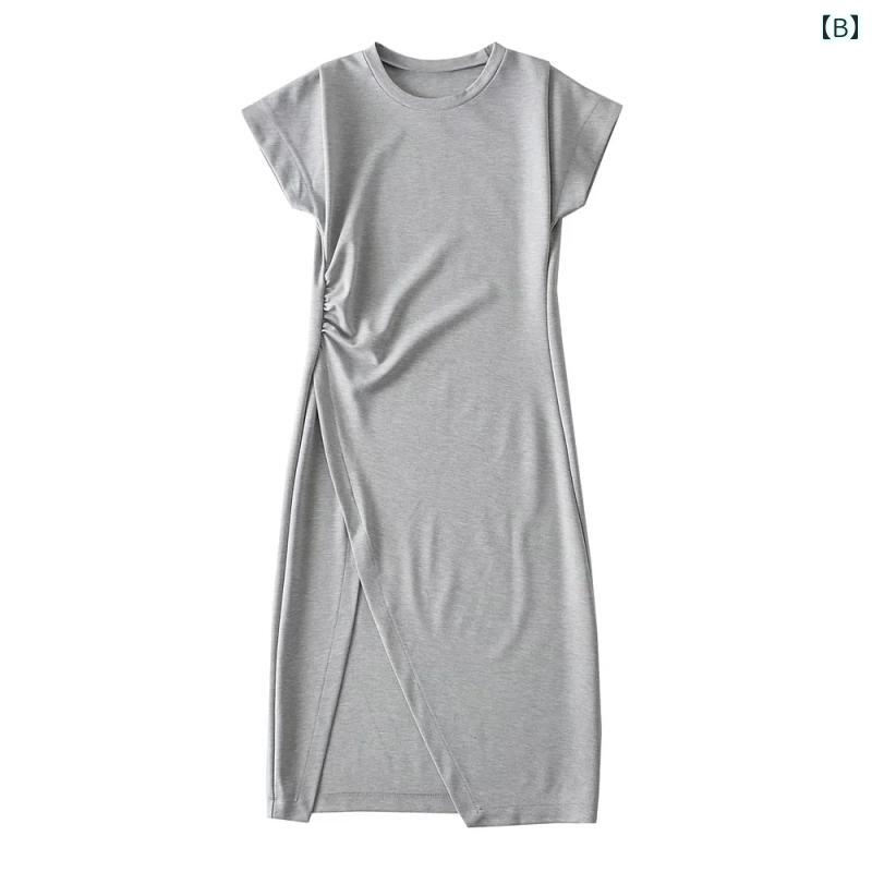 レディース ワンピース グレー スリット ラウンドネック プルオーバー ウエスト 痩せ プリーツ 絞り T シャツ スカート