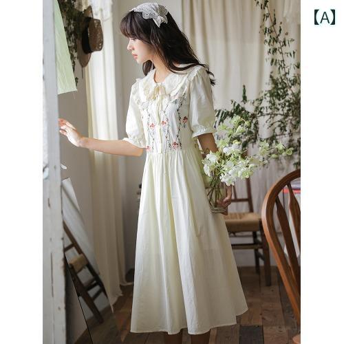 レディース ワンピース 大人 かわいい ベビー ドール 襟 シングルブレスト 刺繍 ドレス 優しい ガールズ 小さくて 初々しい ティーブレイク