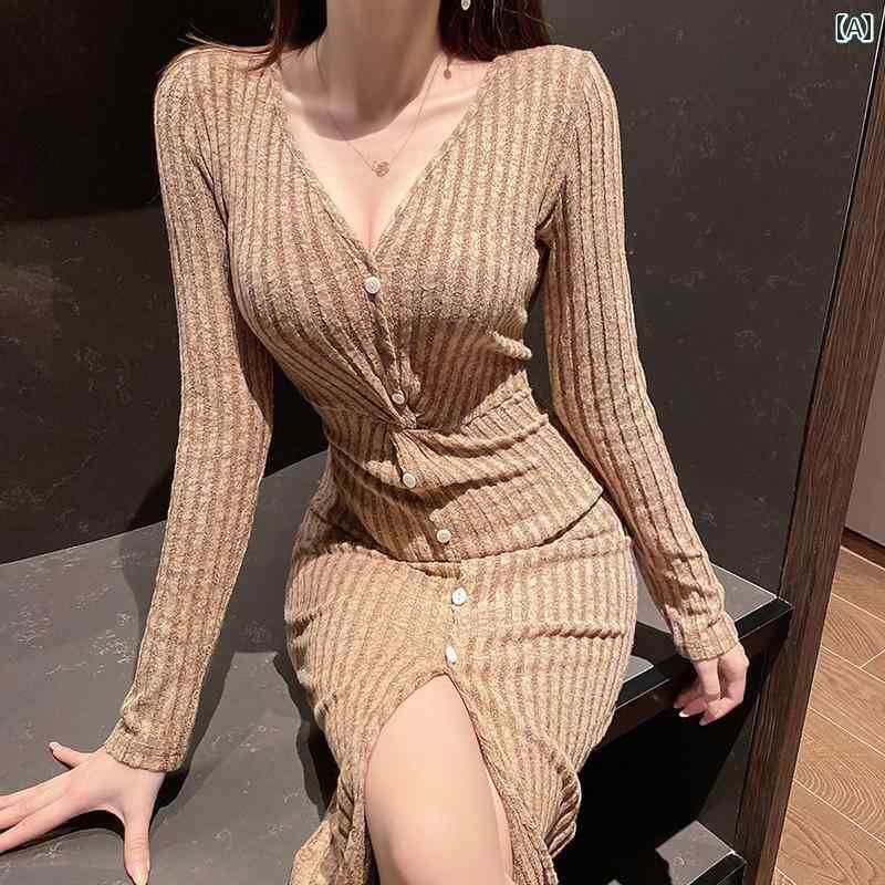 レディース イブニングドレス カクテル パーティー ワンピース キャバ ナイトクラブ 秋冬 ハイウエスト V ネック レトロ スリット 軽量 大人 膝上 ロング スカート 起毛 ドレス