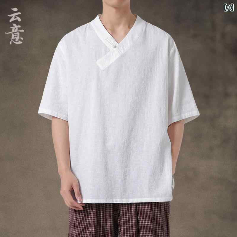 メンズ 夏 中華風 T シャツ サマー トップス 中国 漢服 綿 ジャカード 半袖 バックル ゆったり レトロ V ネック 唐 スーツ