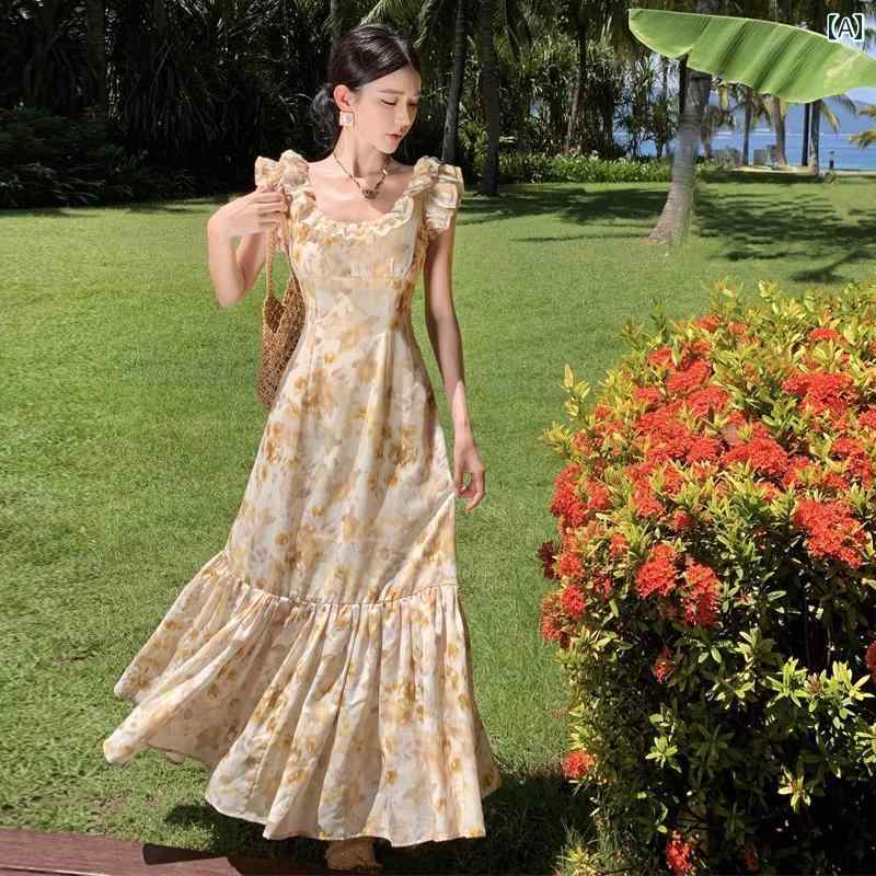 レディース 夏 リゾート ワンピース 海辺 旅行 服 フレンチ キノコ 花柄 ティー ドレス ウエスト 細い フィッシュ テール ロング スカート