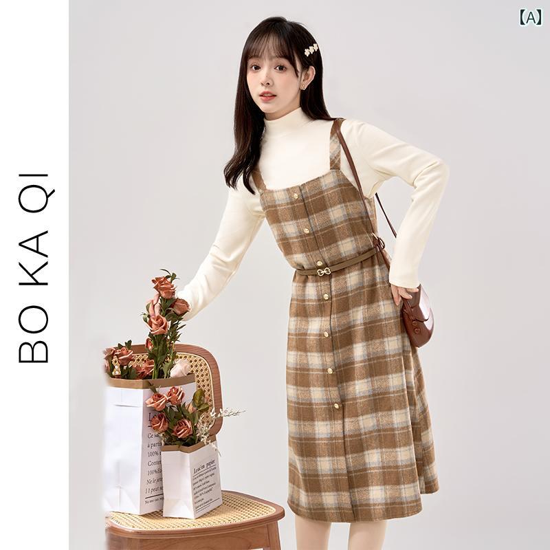 Rakuten - ワンピース きれいめ ガーリー 大人かわいい 秋冬 レトロ チェック柄 サスペンダー ドレス 女性 ハーフ タートルネック 長袖 レイヤリング シャツ スーツ