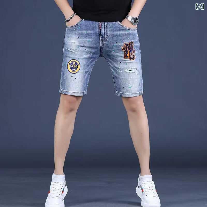 Nylon Shorts - メンズ 夏 パンツ デニム ハーフ スリム スクラッチ バッジ 刺繍 デニムショート スリムフィット マイクロ 弾性 耐摩耗 五分丈 ストレート レッグ ミッド