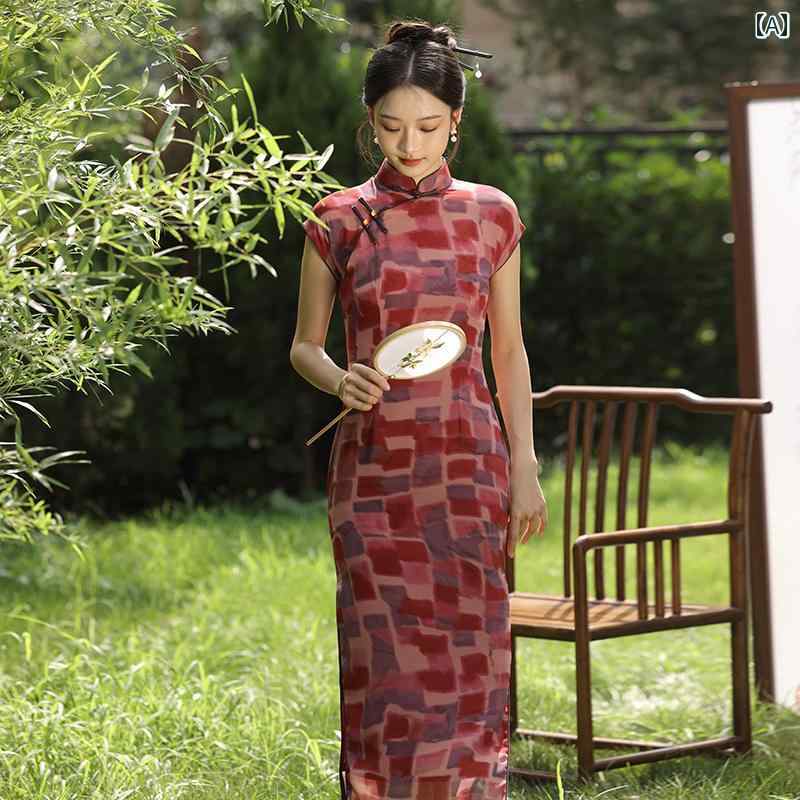 レディース チャイナ ドレス エレガント パフォーマンス 民族服 中華風 レトロ ハーフ ブレスト 民族風 ワンピース 女子 上品 洗練 伝統的 大学生 優雅さ