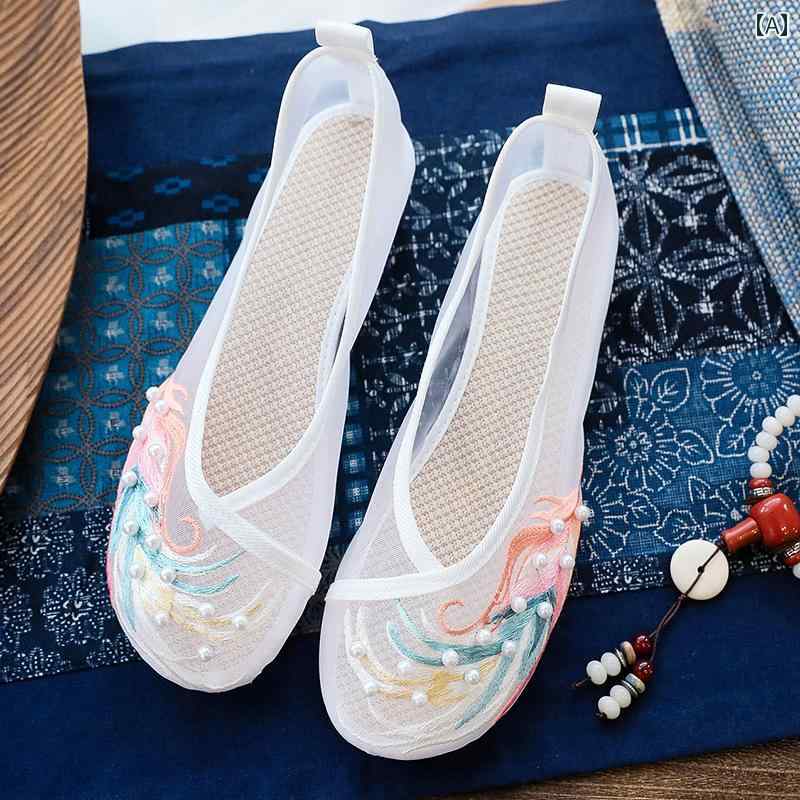 夏 パンプス エスニック おしゃれ 履きやすい 婦人靴 刺繍 メッシュ シングル シューズ ラウンドトゥ フラット サンダル アンティーク 靴 チャイナ