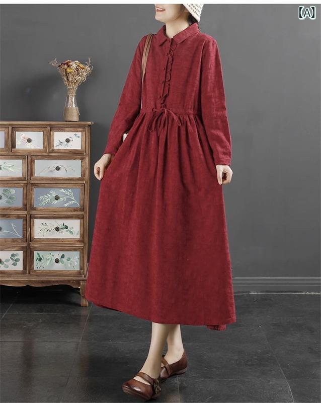 レディース ワンピース 中華風 おしゃれ エスニック ボヘミアン 婦人服 レトロ 文学 綿麻 ジャカード ドレス 長袖 ウエスト ロング ス..