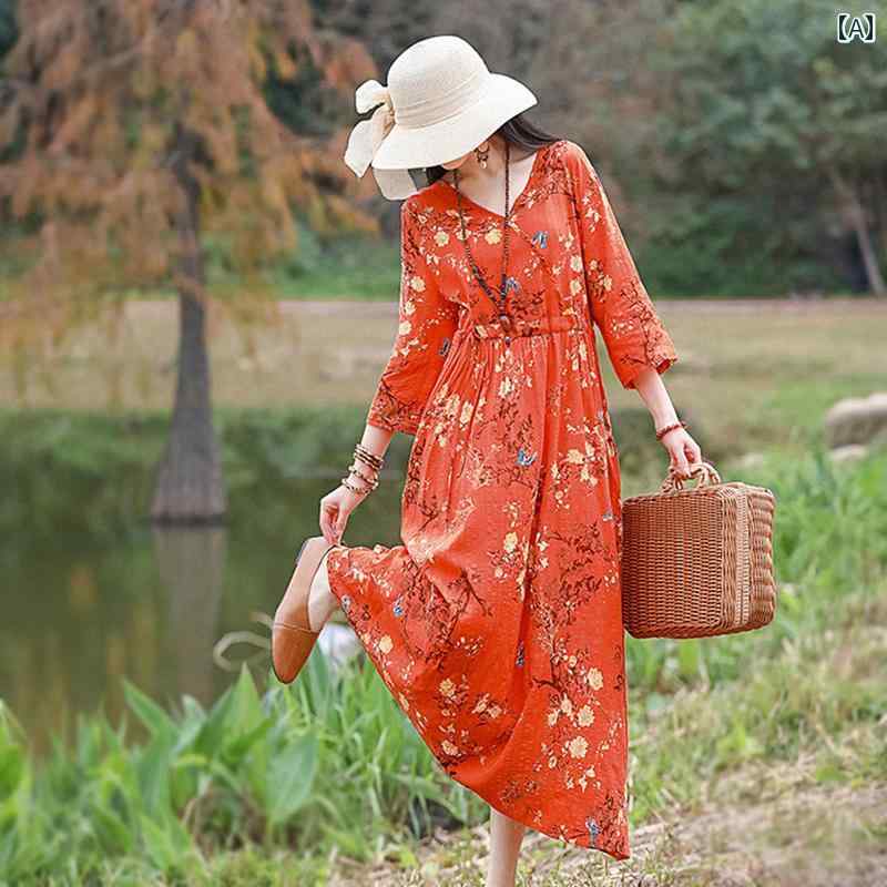 レディース ワンピース ゆったり ボヘミアン マザーズ 女性 花柄 コットンリネン ドレス 七分袖 リネン ロング スカート ラウンドネック