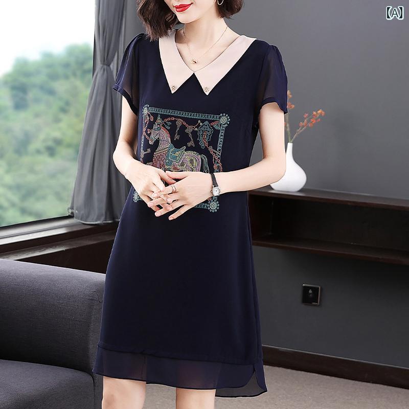 Women's summer dress, elegant, resort dress, chiffon dress, fresh print, doll collar, skirt.