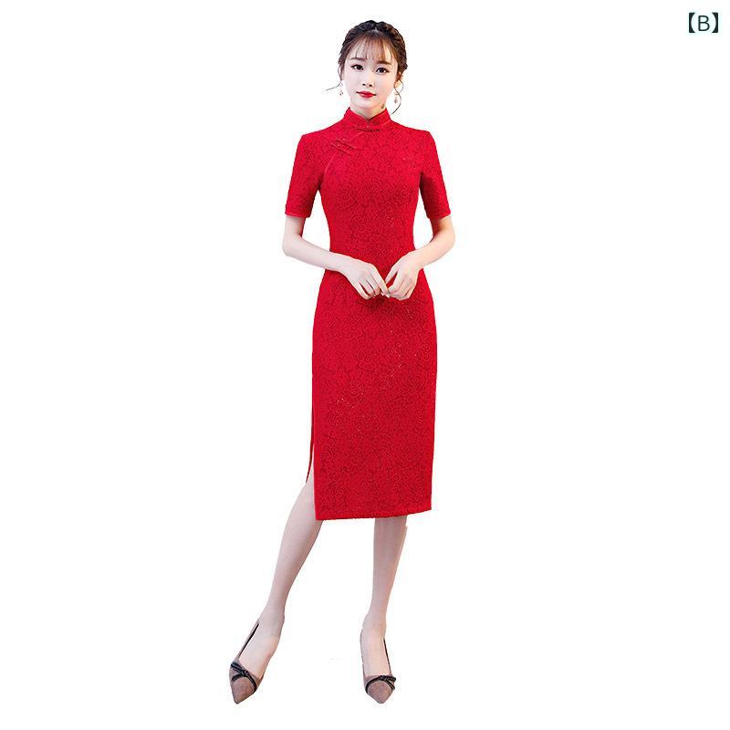 チャイナ ドレス レトロ ワンピース パフォーマンス 撮影 衣装 レース ファッション パーティー スリム トースト 着用 レッド ガーリー