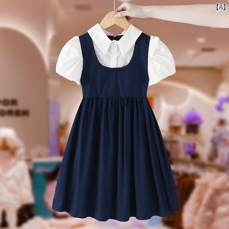 夏 キッズ ワンピース ガールズ ドレス 子供服 リトル カレッジ 薄型 フェイク ツーピース