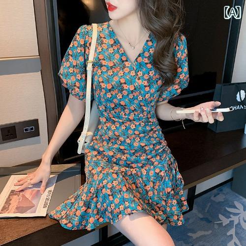 レディース 夏 ワンピース 大人 花柄 ドレス フレンチ レトロ V ネック ウエスト スリム ショート フィッシュ テール スカート