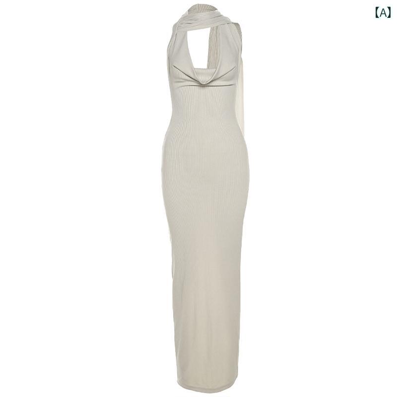 レディース 夏 ワンピース 魅惑的 スタイリッシュ フローター ホルターネック スイング カラー ドレス ..