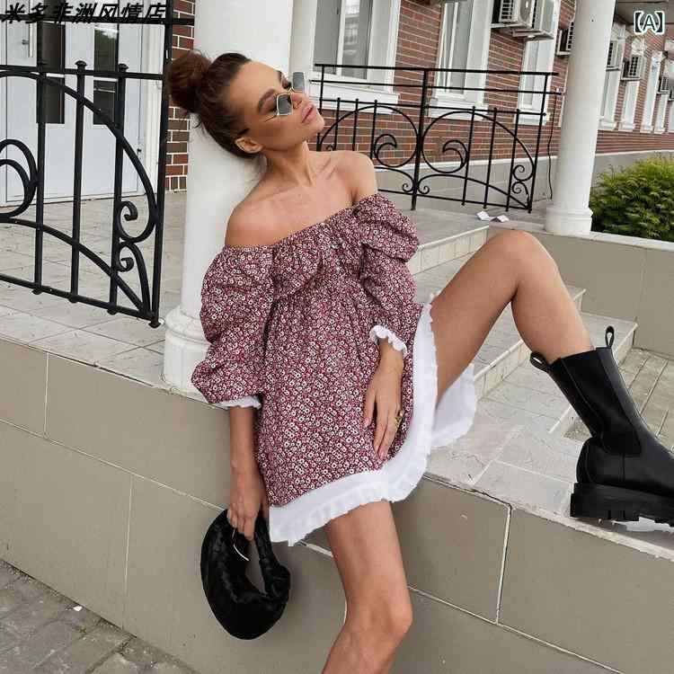 花柄 ワンピース リゾート ワンピ アメリカ プリント ドレス ファッション パフスリーブ スクエアネック スリム a ライン スカート 女性