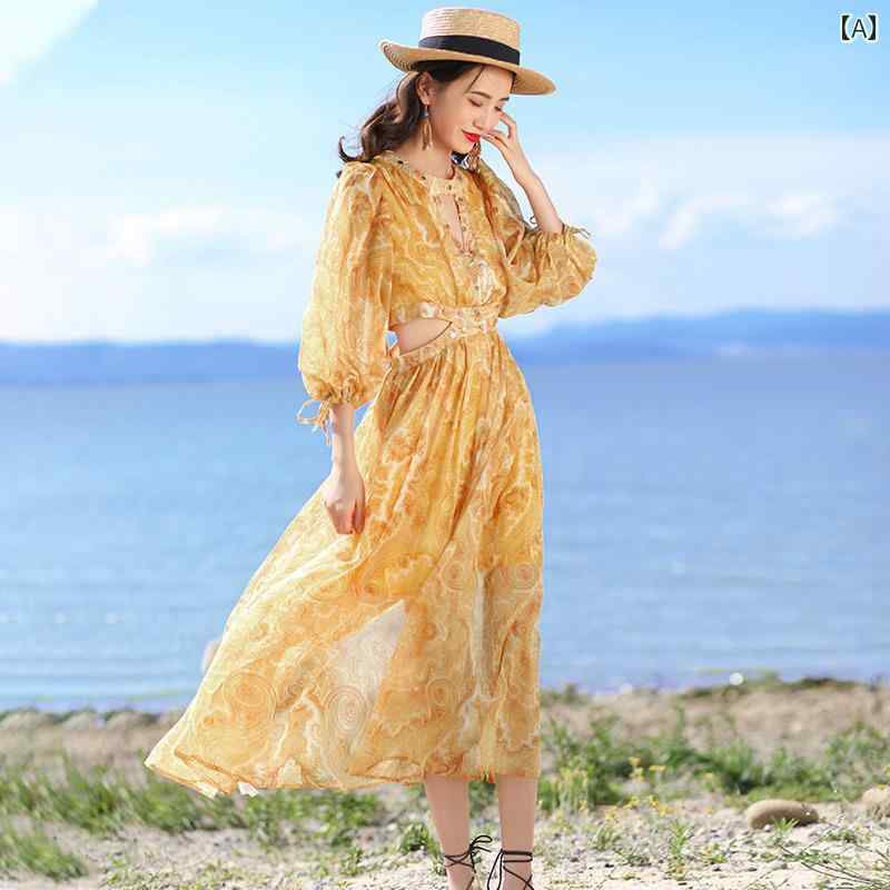 レディース 夏 リゾート ワンピース フェアリー スカート レトロ エスニック ロング ウエスト レス 写真撮影 旅行 海辺 休暇 ビーチ
