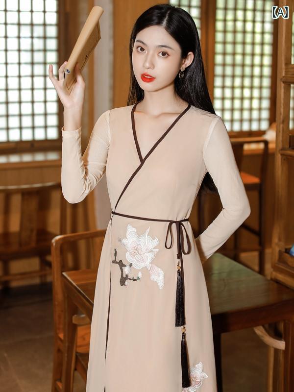 Women's Summer Chinese Style Dress, Stylish and Elegant, Mulberry Leaf Dress, Retro Chinese Style, Hanbok, China Dress, Long, Meditation, Brown