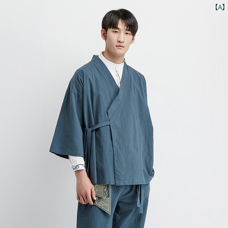 メンズ 道教 ローブ サマー スーツ 中華風 レトロ コート 漢服 大きいサイズ 七分袖 唐