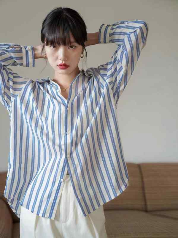 レディース ファッション シャツ ブラウス 長袖 ブルーストライプ 日焼け防止 女性 薄型 サマー ジャケット シック コットンリネン ト..