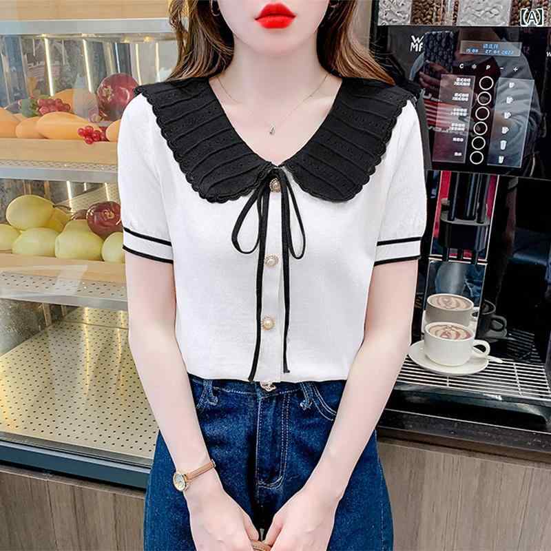レディース トップス シャツ 大人 かわいい ガーリー サマー 婦人服 快適 冷感 ニット 半袖 T 女性 おしゃれ ユニーク 対照的 色 人形 襟
