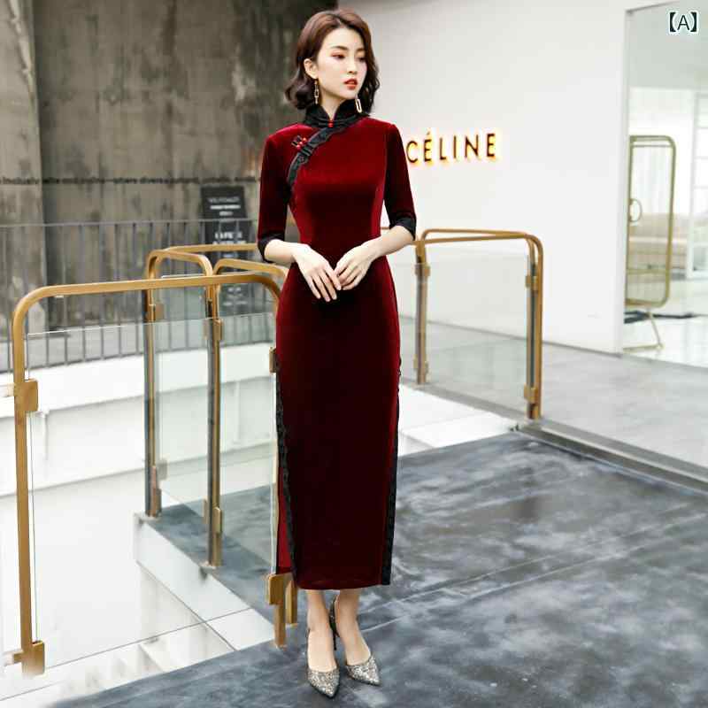 China Dress - レディース チャイナ ドレス エレガント ワンピース 撮影 衣装 上品 洗練 女子 レトロ 中華風中 長袖 厚手