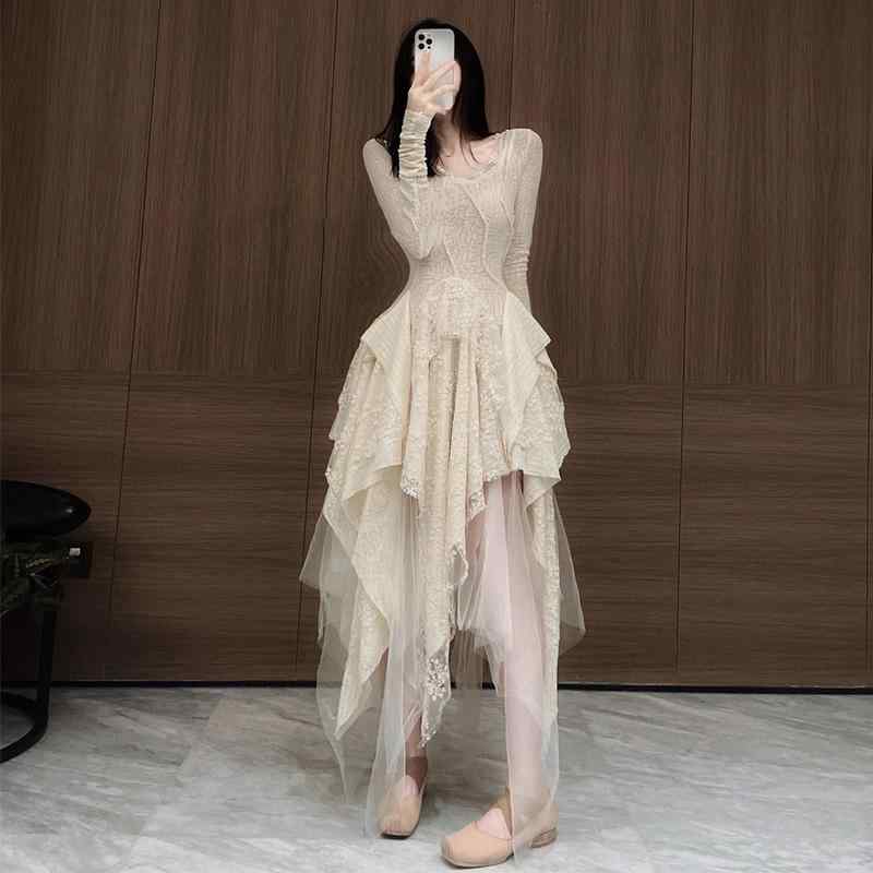 レディース ワンピース フランス ダーク 多層 レース スプライシング 不規則 ドレス 写真撮影 フェアリー ロング ガーゼ スカート