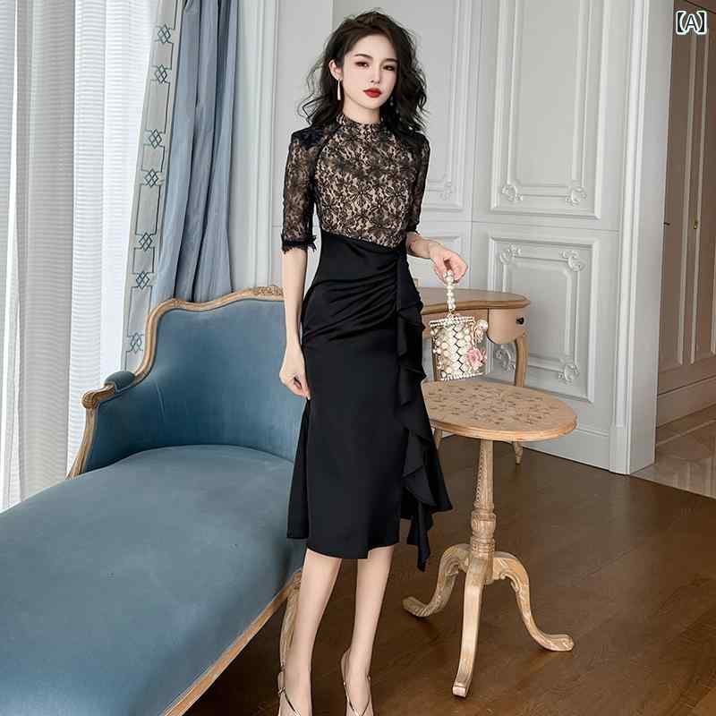 レディース ワンピース おしゃれ 高級感 ドレス お姫様 オーラ ウエスト 締める レース 繋ぎ合わせた 黒 スリム 女王 スカート
