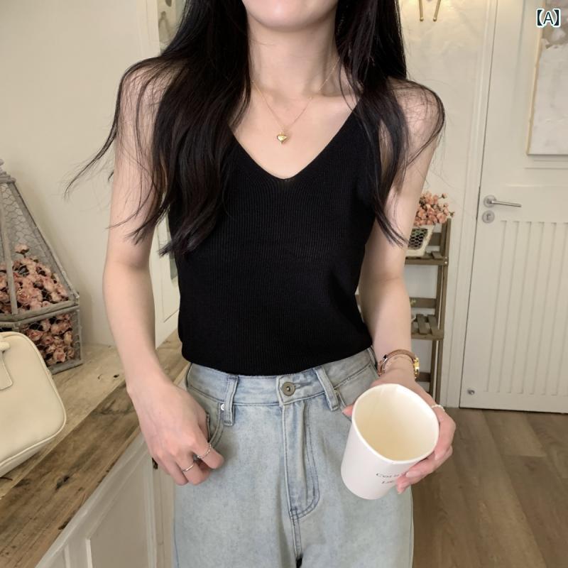 レディース 夏 サマー ニット ノースリーブ 韓国 V ネック キャミソール 女性 魅惑的 アウターウェア トップス