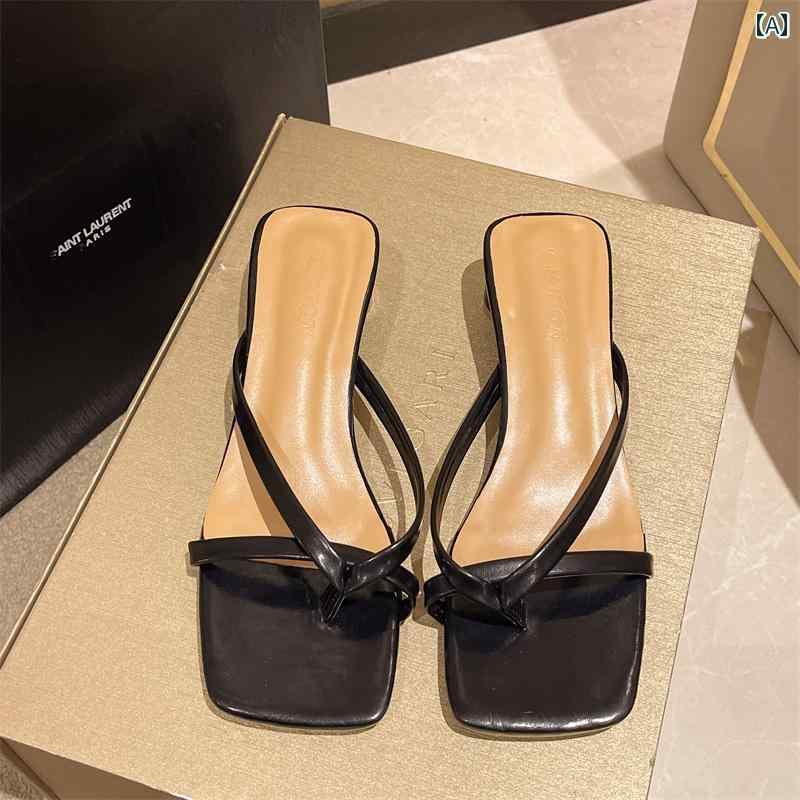 レディース 夏 サンダル スリッパ ミッド ヒール フェアリー フレンチ 太い ビーチ